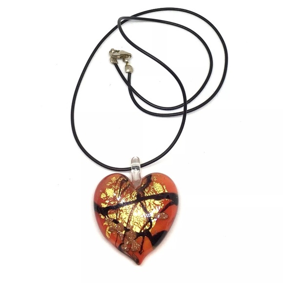 Handmade Jewelry - Foil Lampwork Glass Red Heart Pendant Cord 925 Clp